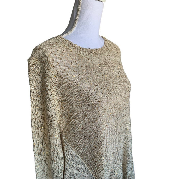 John Fashion Sweater Top Gold Sequin Long Sleeve Open Knit Sharkbite Sz L NEW - Picture 8 of 11